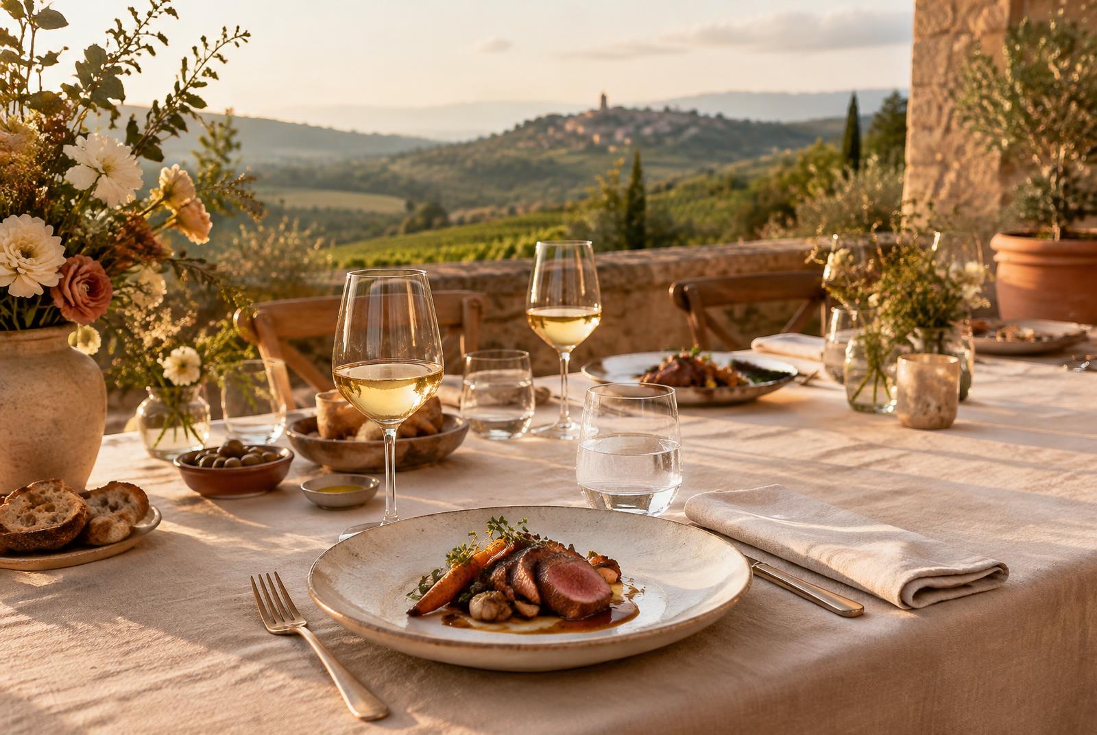 Table de réception dressée face aux vignes du Beaujolais